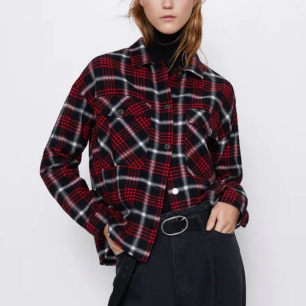 Zara Oversized Cotton Plaid Flannel Raw Hem Button Up Shirt Size XS